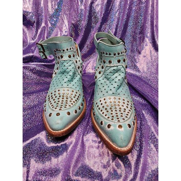 Corral Turquoise Stud Woven Snip Toe Western Cowgirl Buckle Straps Mules Sz 8 - Picture 2 of 8